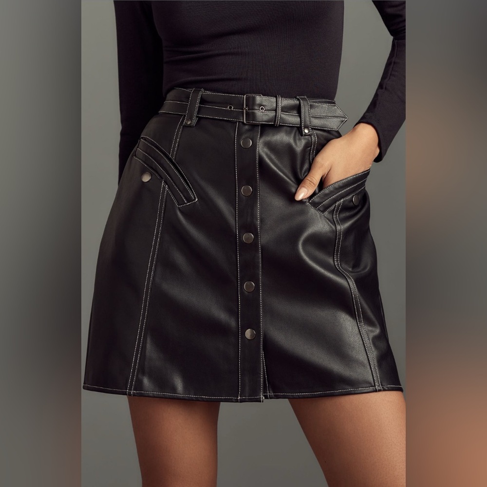 ✨ Anthropologie Faux Leather Button-Front Belted Mini Skirt Sz 10